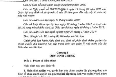 Nghị định số 142/2025/NĐ-CP ngày 12/6/2025 của Chính phủ quy định về phân định thẩm quyền của chính quyền địa phương hai cấp trong lĩnh vực quản lý nhà nước của Bộ Giáo dục và Đào tạo