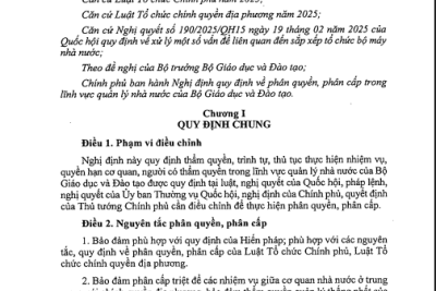 Nghị định số 143/2025/NĐ-CP ngày 12/6/2025 của Chính phủ quy định về phân quyền, phân cấp trong lĩnh vực quản lý nhà nước của Bộ Giáo dục và Đào tạo