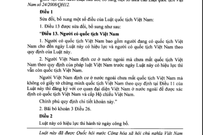 LUẬT SỬA ĐỔI, BỔ SUNG MỘT SỐ ĐIÈU CỦA LUẬT QUỐC TỊCH VIỆT NAM