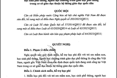 Nghị quyết về miễn, hỗ trợ học phí đối với trẻ em mầm non, học sinh phổ thông, người học chương trình giáo dục phổ thông tại các cơ sở giáo dục trong hệ thống giáo dục quốc dân;